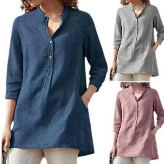 Maglietta Pullover in Cotone-Lino Tinta Unita da Donna Europea e Americana - Autunno 2021, Maniche a 3/4, Collo Alto