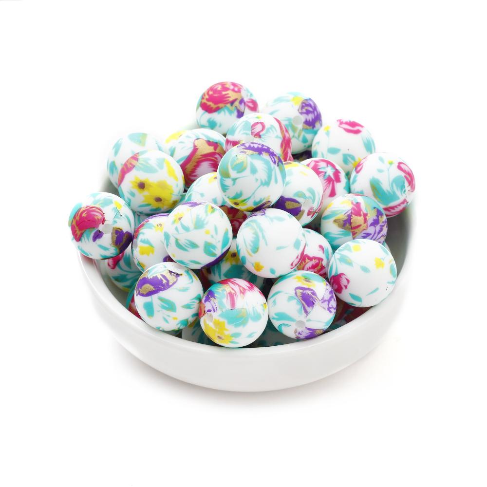 10Pcs 15mm New Silicone Beads Round Print Colorful Spacer Beads Food Grade Baby Nursing Necklace Pacifier Chain Teether Toys