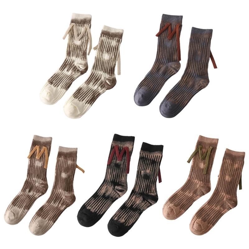 Japanese Women Y2K Graffiti Tie Dye Cotton Crew Socks Harajuku M Letter Ribbed Knit Skateboard Middle Tube Calf Socks