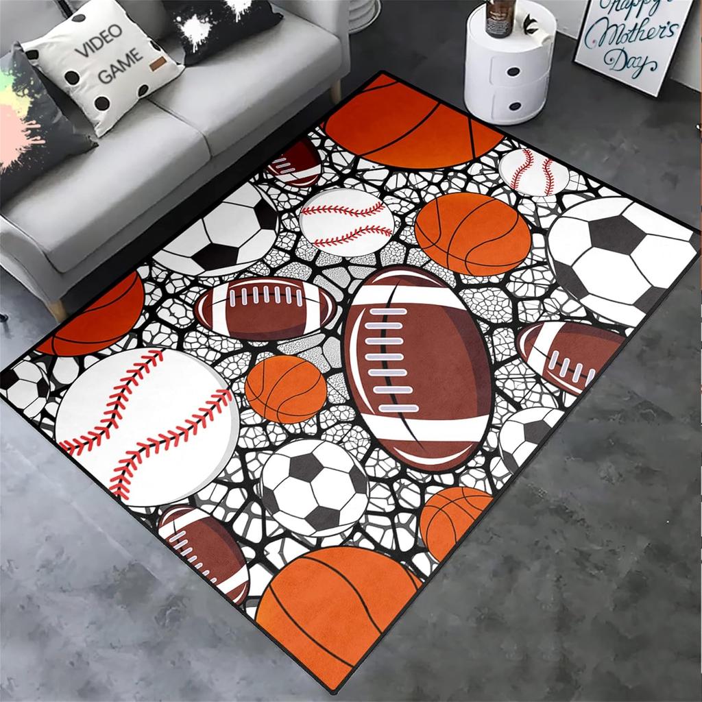 Sportteppich mit Rissmuster für Kinderzimmer, Design mit Fußball-, Basketball-, Football- und Tennisball, rutschfester Spielzimmerteppich