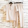 Completo Casual Estivo da Uomo Stile Cinese Colore Unico Ampio Set Due Pezzi T-shirt a Maniche Corte + Pantaloni a Nove Quarti Cotone Lino