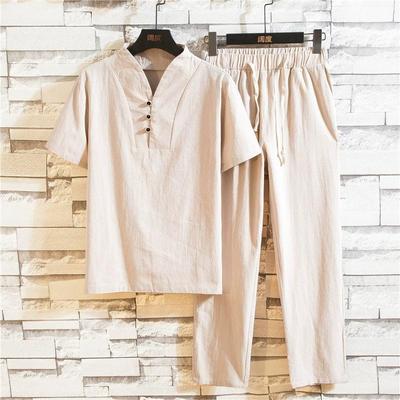 Men's Summer Chinese Style Solid Colour Loose Leisure Suit Cotton Linen Short-sleeved T-shirt + Nine-minute Trousers Two-piece Set