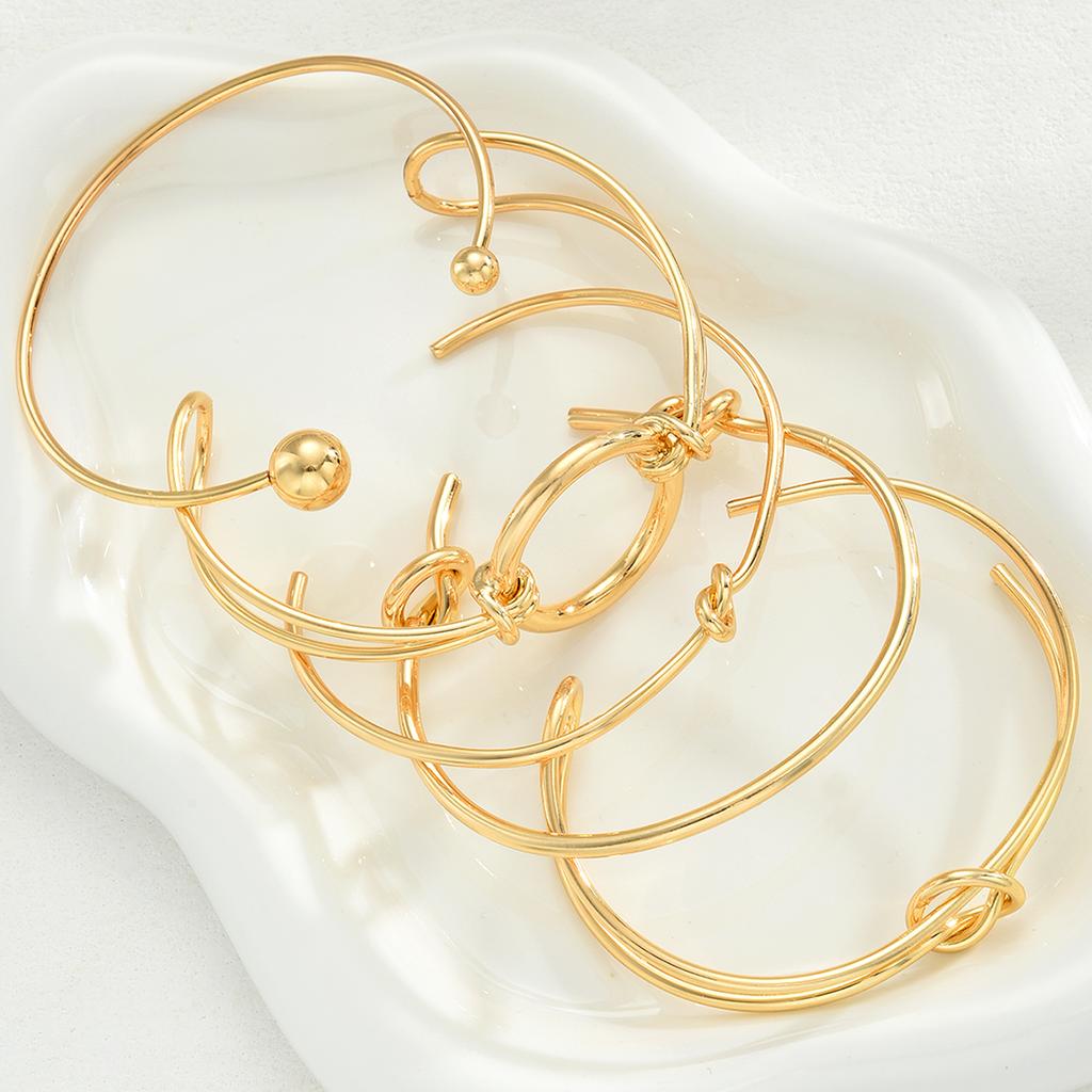 5Pcs Gold Color Knot Circle Cuff Bangle Set For Women Chunky Minimalist Twisted Knot Open Cuff Bracelets Trendy Jewelry Gift New
