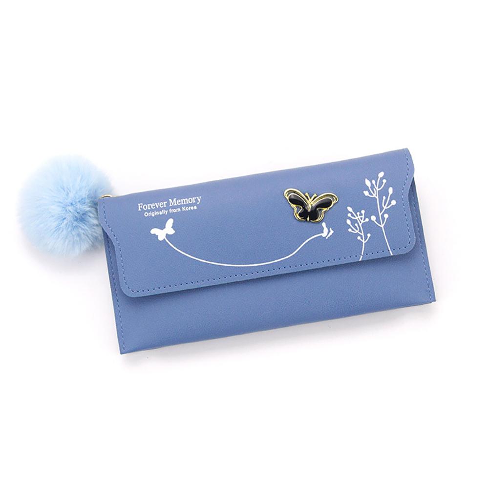 Women PU Leather Flap Wallet with Plush Ball Lady Butterfly Coin Purse MIT
