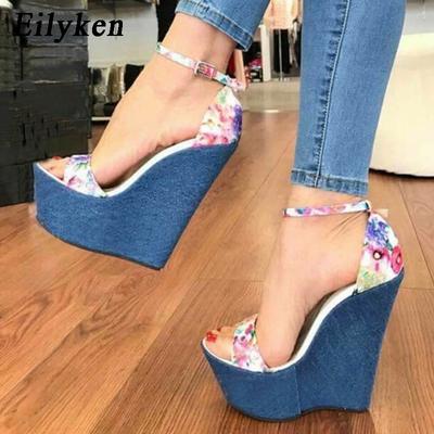 Mode Eilyken Blauwe Print Denim Plateau Sleehakken Dames Sandalen Sexy Hoge Hakken Gesp Riem Vrouwen Schoenen Zapatos Mujer
