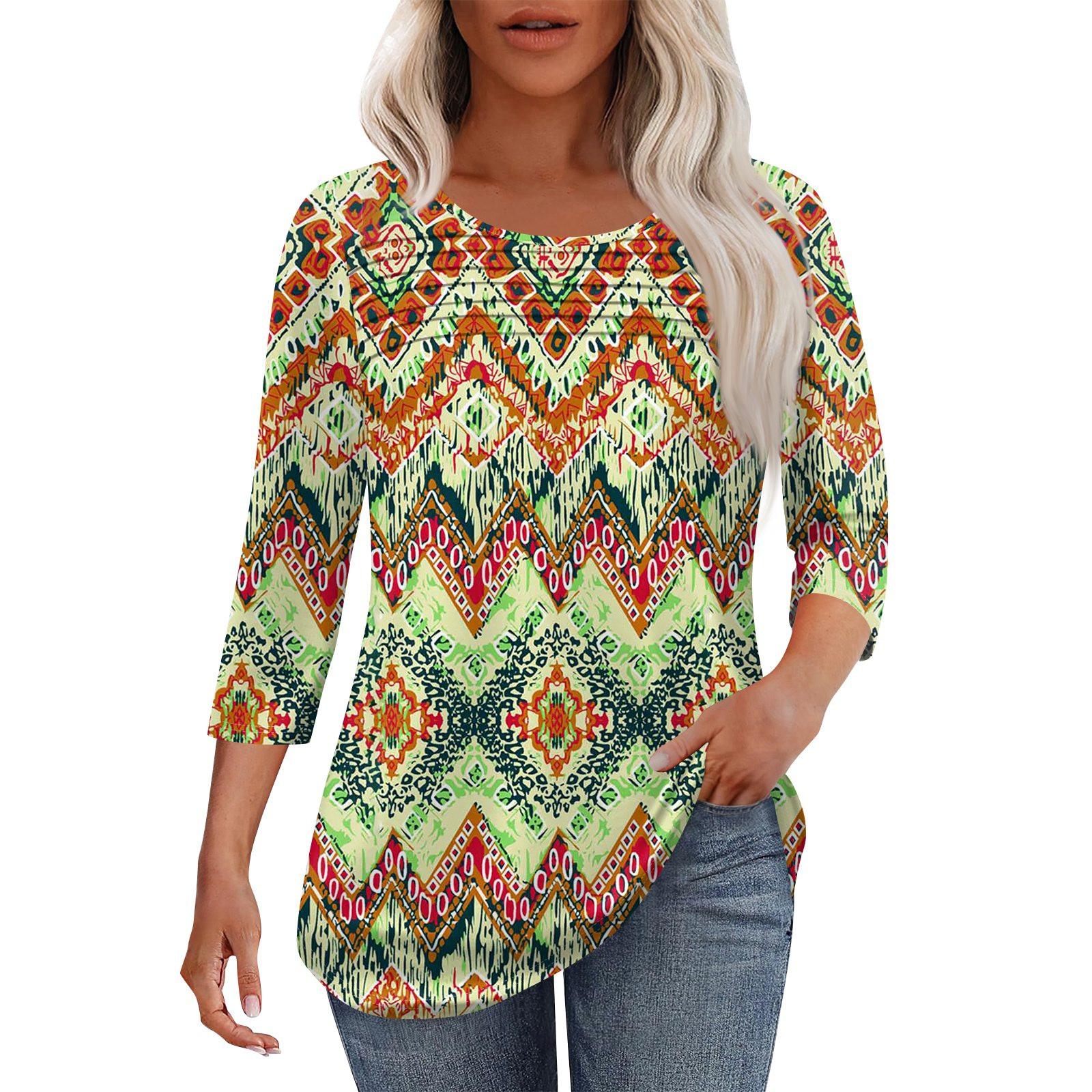 

Женская мода круглый вырез шея плиссированная передняя планка однотонный топ рукав 3/4 M