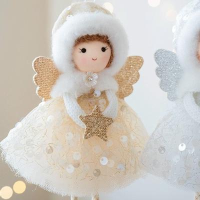 Cute Christmas Girl Pendant Tulle Dress White Mesh Girl Hanging Ornament Shiny Golden Wings Christmas Tree Decorations