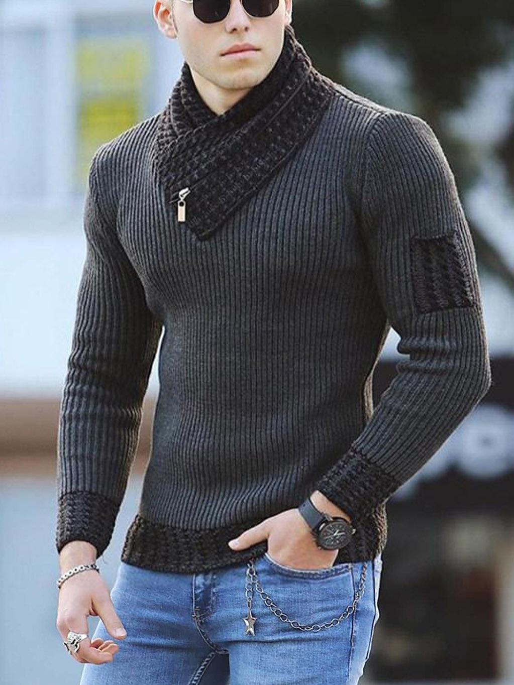 

Men s Grey High Neck Knit Sweater with Black Zipper Detail and Patch Design, Slim Fit Pullover XXXL темно-сірий
