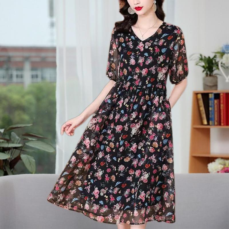 2023 New Women's Clothing Casual Simplicity Printing V-neck Loose Knee Skirts Elegant Fashion Thin Summer Short Sleeve Dresses