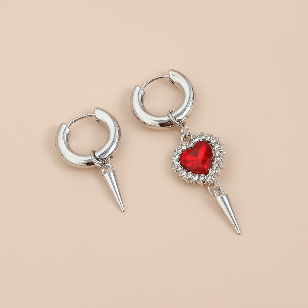 Punk Silvery Asymmetric Creativity Fashion Red Zircon Heart Hoop Earrings Party Birthday Lover Jewelry Accessories Party Gifts