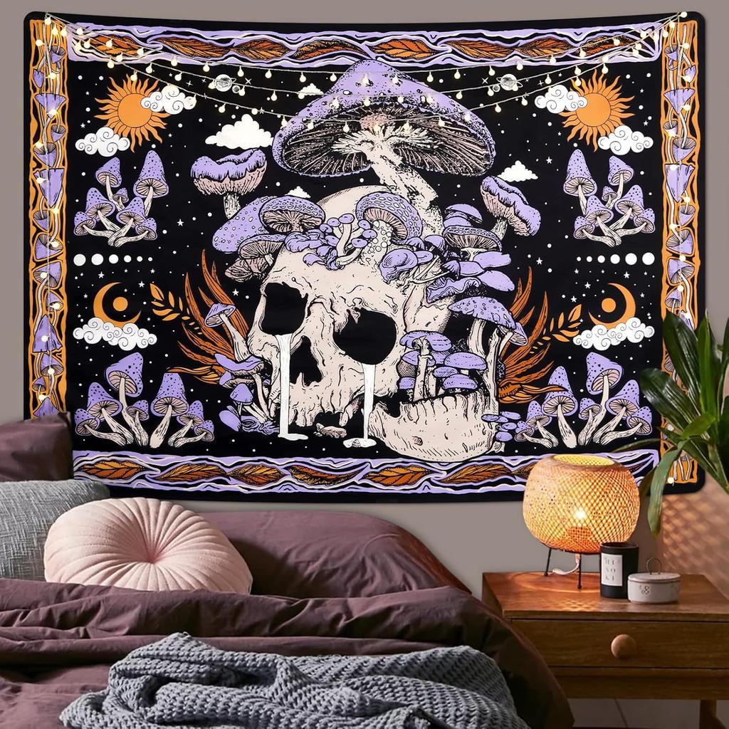 VIKAMA Dark Fantasy Tapestry Skull Mushroom Starry Sky Living Room Bedroom Music Corner Background Cloth Decoration