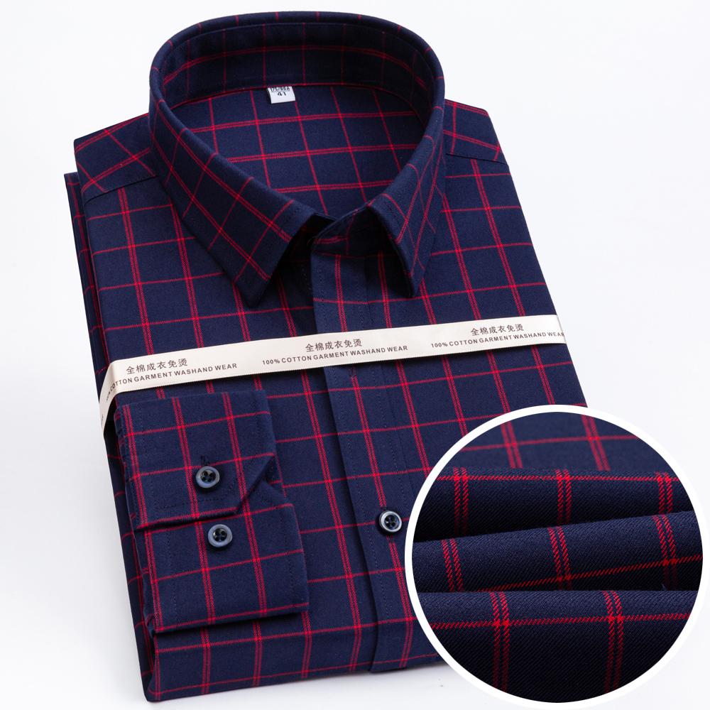 Men's Premium Non-Iron Pure Cotton Long Sleeve Formal Shirt with Spread Collar, No Pocket Plaid Striped for Business Casual Wear