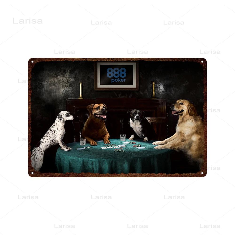Dogs Playing Poker Game Metal Plaque Animals Playing Billiards Tin Sign Garage Club Wall Pub Tin Sign Vintage Metal Posters
