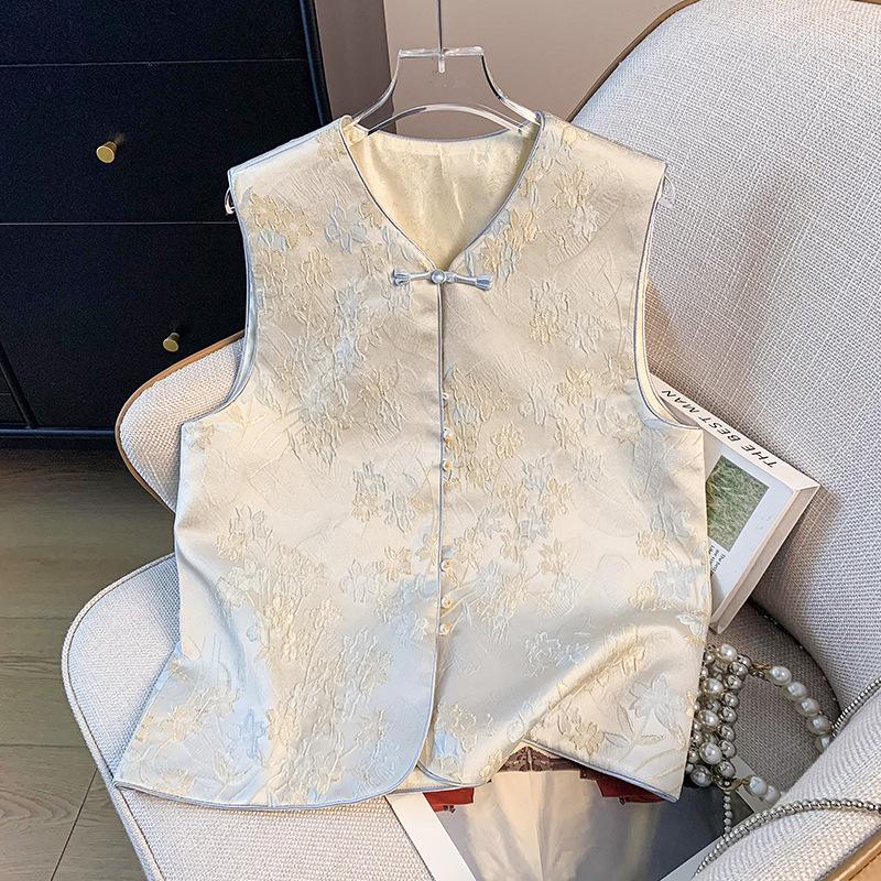 

Элегантный женский жилет Тан из жаккардового атласа в китайском стиле с вышивкой и застежкой на пуговицы-лягушки Large