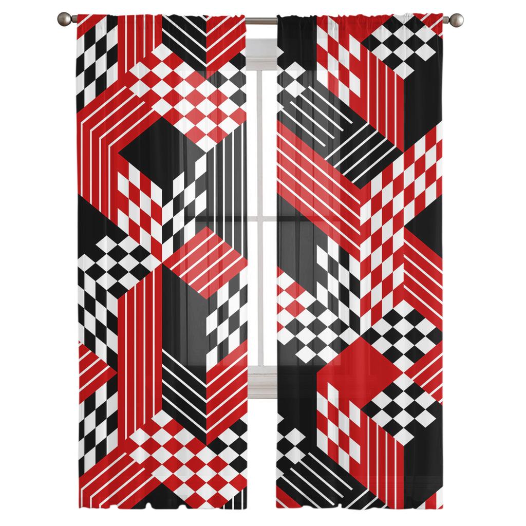 Red Black Geometric Abstrac Middle Ages Voile Sheer Curtains Living Room Window Tulle Curtain Kitchen Bedroom Drapes Home Decor