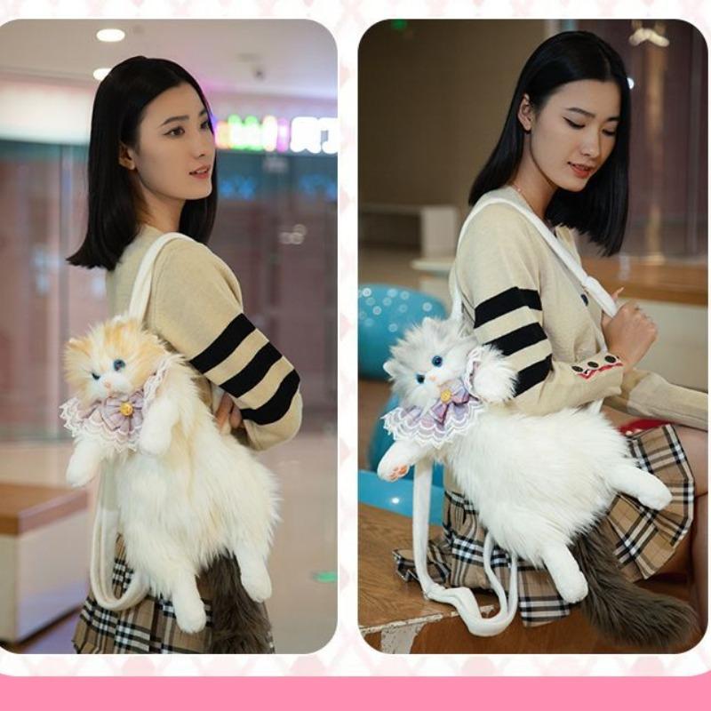 Weiche Plüschtasche Niedliche Simulierte Katze Designer Rucksack Damen Trendiger Rucksack Handtasche für Frau Schulrucksack Geschenke für Mädchen