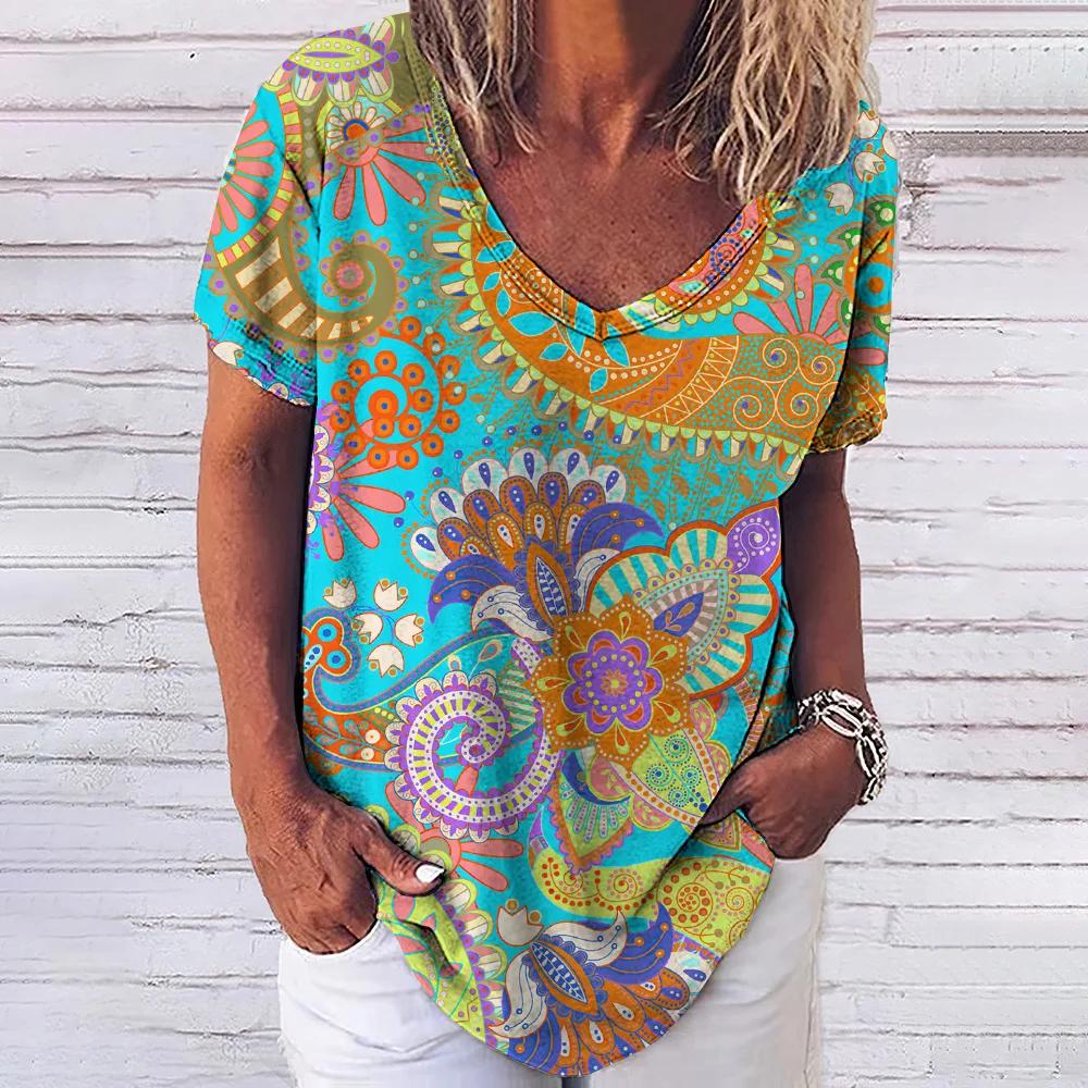

Модная женская футболка с 3D-цветочным принтом, топы, футболки с V-образным вырезом и короткими рукавами, женская одежда, летняя футболка большого размера, женская одежда XL