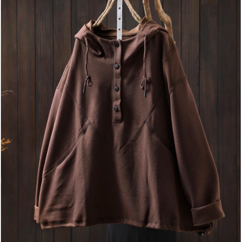 Düğmeli, İpli, Kontrast Dikişli ve Bol Uzun Kollu Kadın Retro Şık Kapüşonlu Sweatshirt