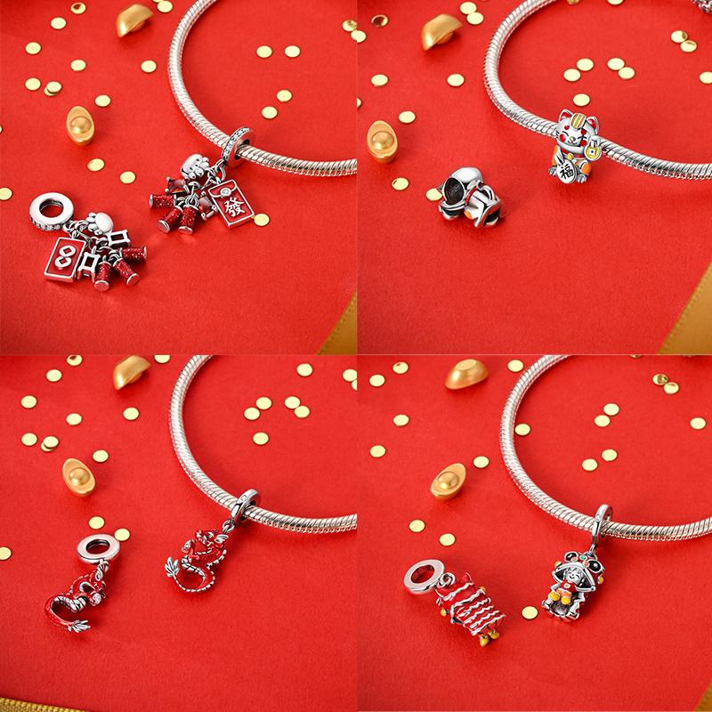 925 Silver Lantern Chinese Knot Charms New Year's Traditional Beads Fit 3mm 925 Exquisite Bracelets Fashion DIY Jewelry Gifts