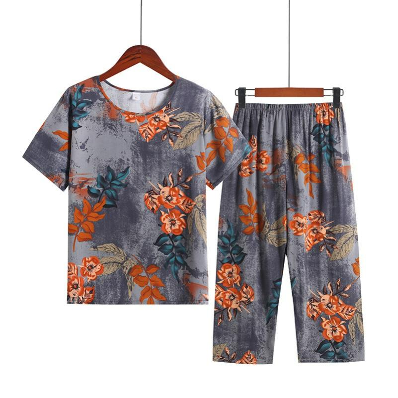 Women's Summer Suits, Casual Plus Size Artificial Cotton Short-sleeved Middle-aged Mother Pajamas, Homewear