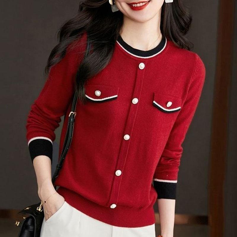 New Autumn Fashion Trend Small Fragrance Round Neck Color Matching Versatile Loose Fit Slimming and Age Reducing Women's Sweater