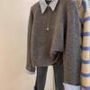 Fake Two Shirts Sweater Collar, Lazy Autumn and Winter Base Gray Knit Sweater Top Knitted