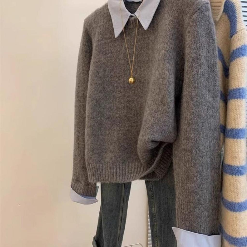 Fake Two Shirts Sweater Collar, Lazy Autumn and Winter Base Gray Knit Sweater Top Knitted