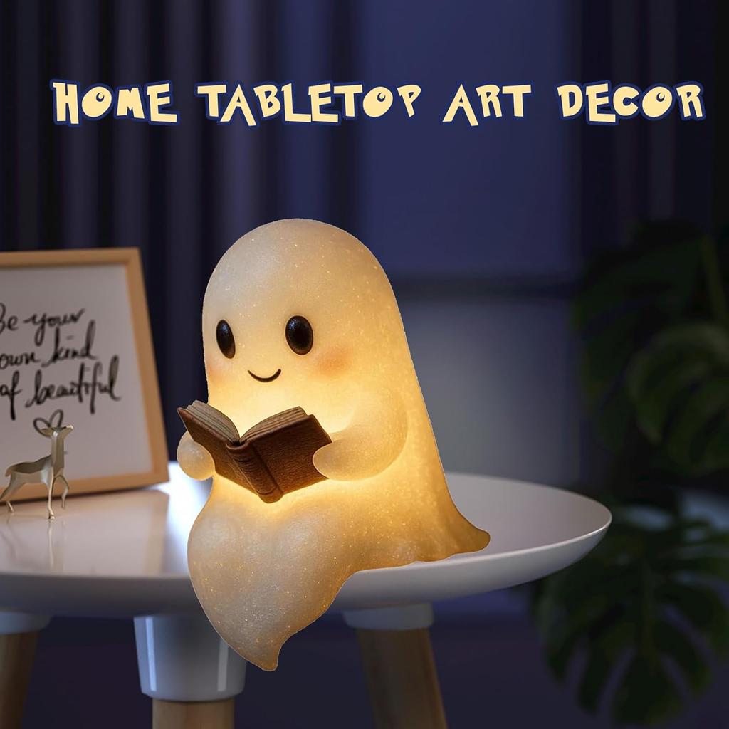 Ghost Reading Book Lamp, Halloween Light Up Ghost Statue Night Light House Mantel Decor for Home, Light Up Halloween Decor, for Bedroom Study Room