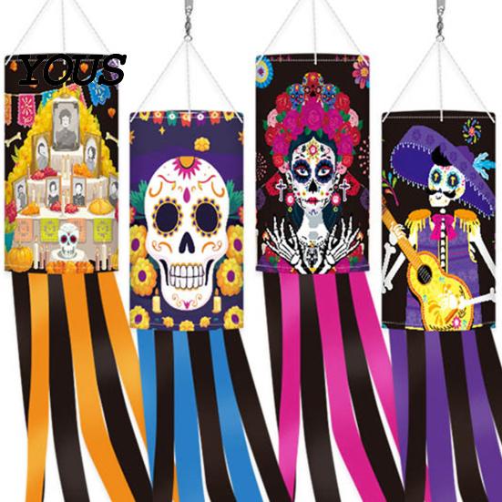 Spooky Festival Door Decor Day of The Dead Windsocks, Dia De Los Muertos Hanging Flag, Floral Props Skull Wind Socks with Flowing Tails for
