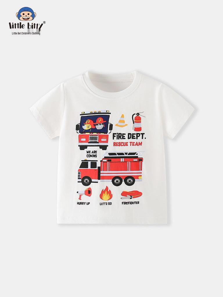 2026 Spring/Summer Kids' Fire Truck Print T-shirt - Short Sleeve & Round Neck