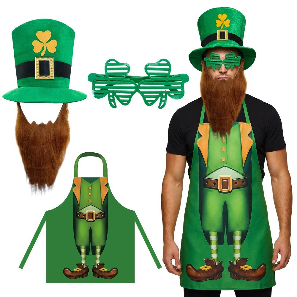 

3pcs St Patrick s Day Party Costume Accessory Set with Apron Shamrock Green Hat Irish Festival Faux Mustache Glasses Option 1