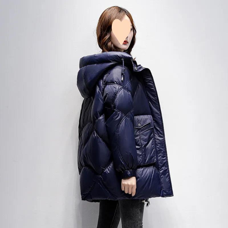 Women's Winter Thickened Plus Size Warm Jacket Loose Large Pocket Hooded Diamond Check Warm