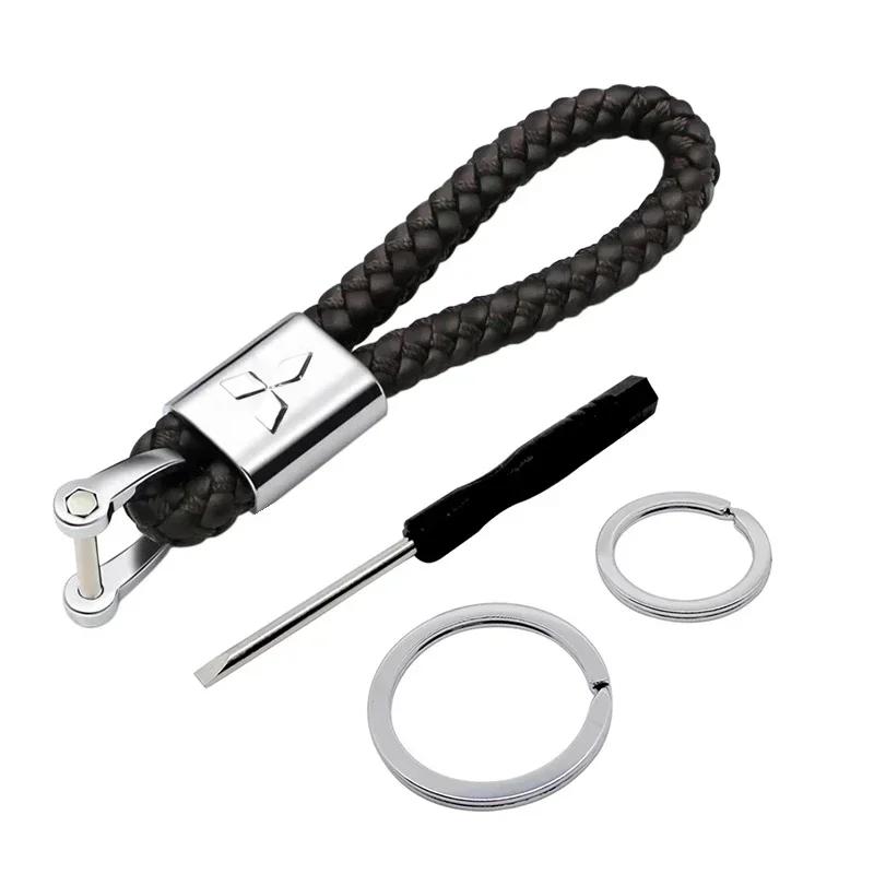 Braided Leather Key Ring Emblem Pendant Auto Products for Mitsubishi L200 Triton Outlander Sport Ralliart Mirage