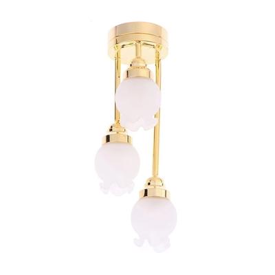 Elegant Gold Base Flower Ceiling Lamp Miniature Dollhouses Chandelier LED Lamp 1/12 Scale for Living Room Bedroom Scene