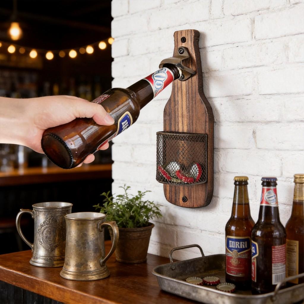 Wooden Wall Mounted Beer Opener With Cap Catcher For Bar Kitchen Decor
