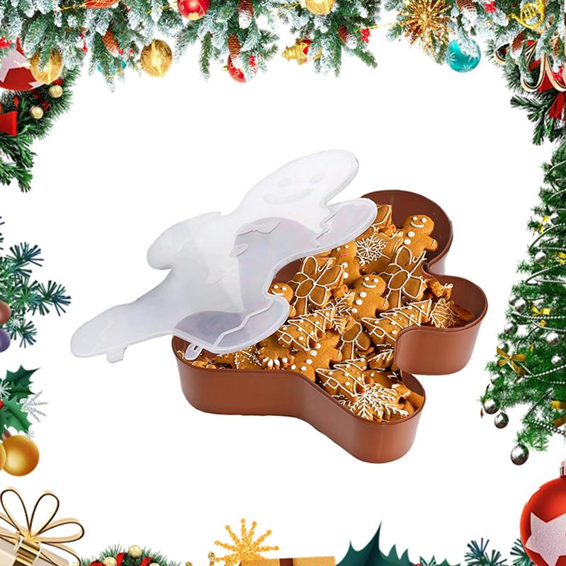Christmas Serving Tray, Christmas Cookie Box With Lid, Cute Holiday Gingerbread Man Snowflake Tree Storage Container For Snacks
