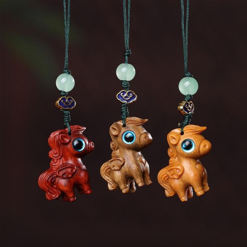 Wooden Chinese Zodiac Keychain Pendant - Green Sandalwood & Rosewood Accessories Rosewood (Red)