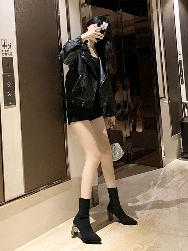 2025 Spring and Autumn Fashion Versatile Single Boots Versatile Short Boots Pointed Thick Heel High Heel Martin Boots Knitted Stretch Socks Women