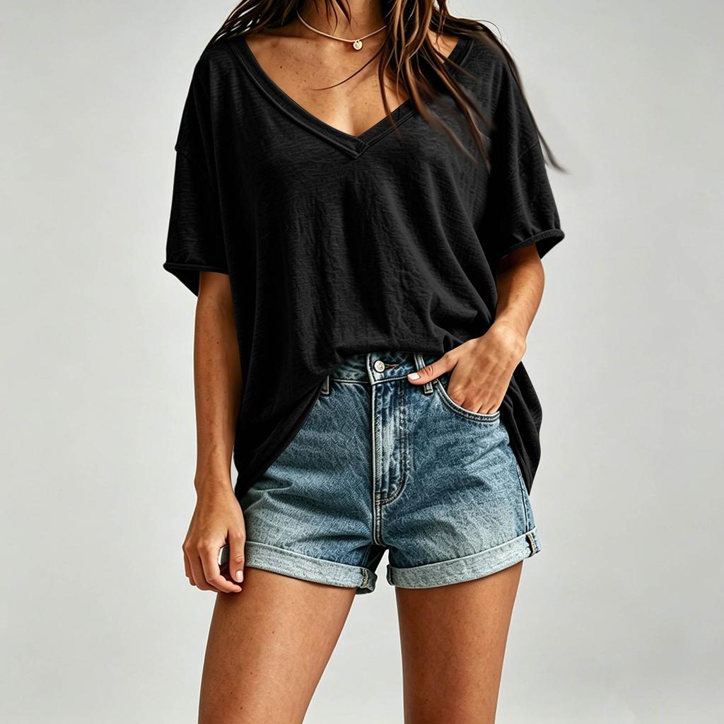 Women's Casual V Neck Loose Fit Plain Oversized Drop Shoulder Top Lightweight Soft Fabric Summer Tee Shirt for Everyday Wear