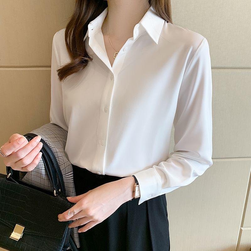

Korean Spring and Autumn New White with Lapel Basic Style Single-Breasted Work Clothing Ol Shoulder Style Long Sleeve Shirt Top Inner Wear White XL