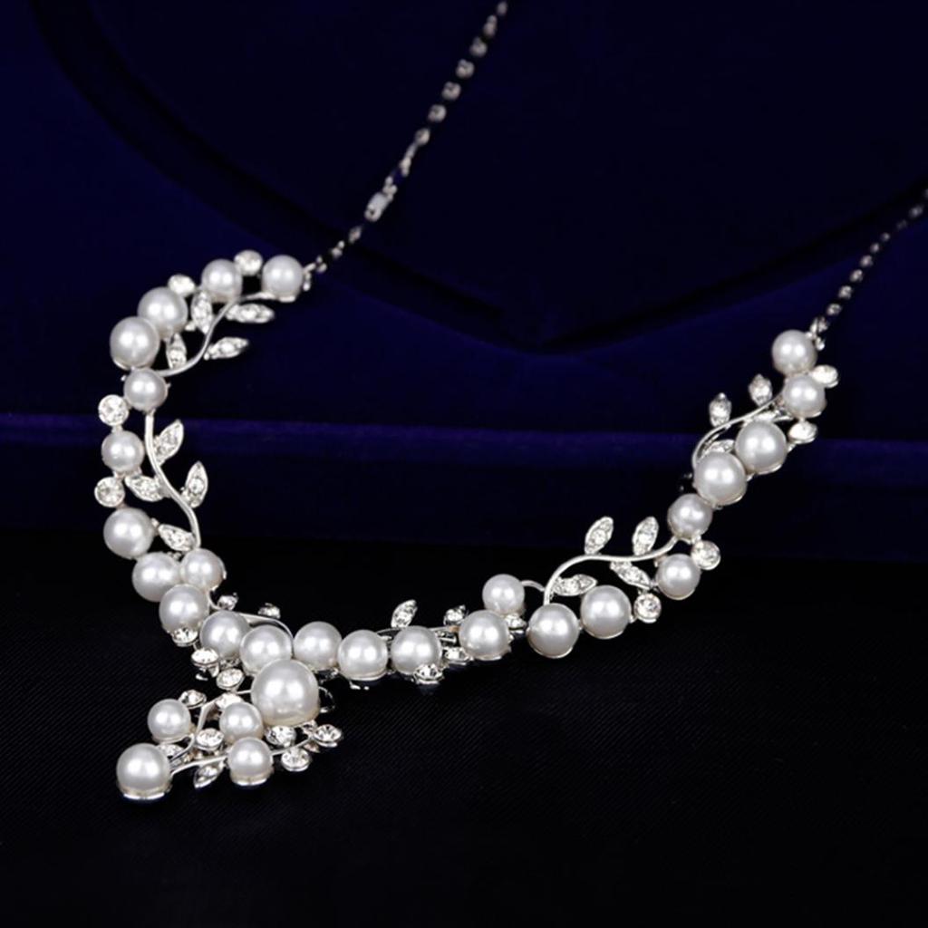 Kvinnor Elegant Faux Pearl Rhinestone lämnar halsband örhängen Bröllop smycken Set