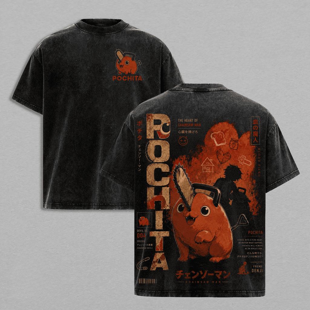 Chainsaw Man Pochita Anime T-shirt Men Women Clothing Harajuku Vintage Washed T Shirt Summer High Quality Cotton Tee Clothes