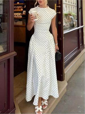 Europäisches Retro-Pünktchen-Langarmkleid - Elegant, Tailliert, Rundhals, Urlaubsbekleidung