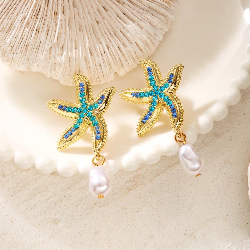 Summer Beach Starfish Dangle Earrings For Women Gradient Blue Rhinestone Baroque Pearl Drop Earring Mermaidcore Ocean Jewelry