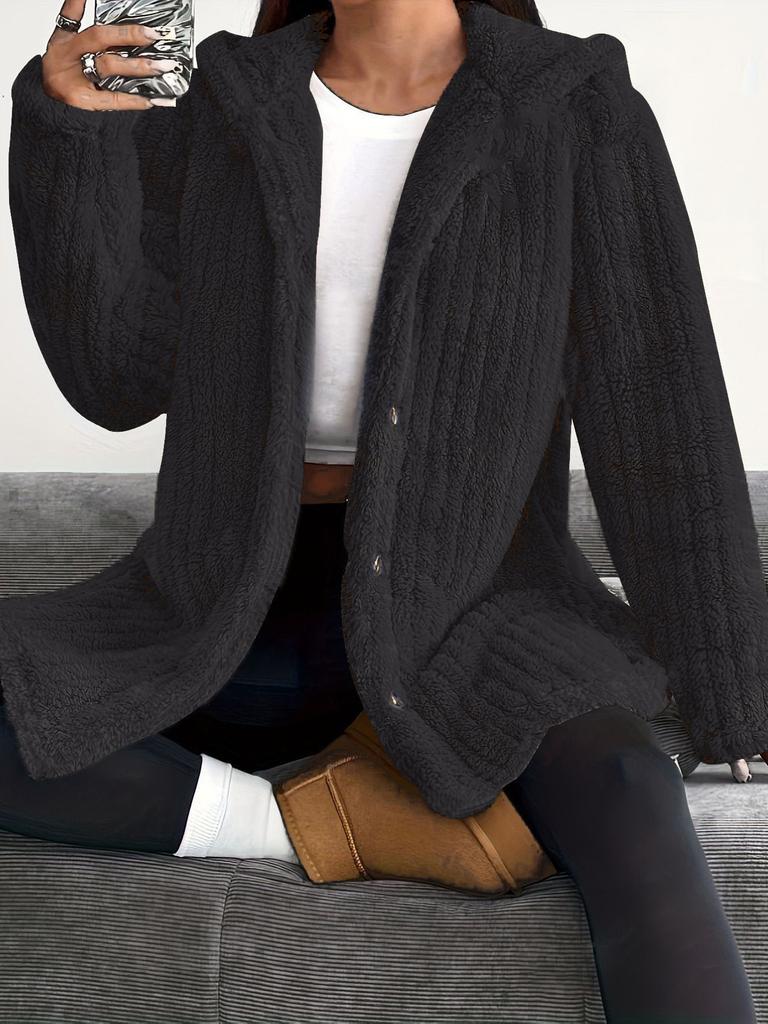 Women's Hooded Fleece Cardigan Jacket Loose Long Sleeve Button Front Casual Coat Winter Outerwear
