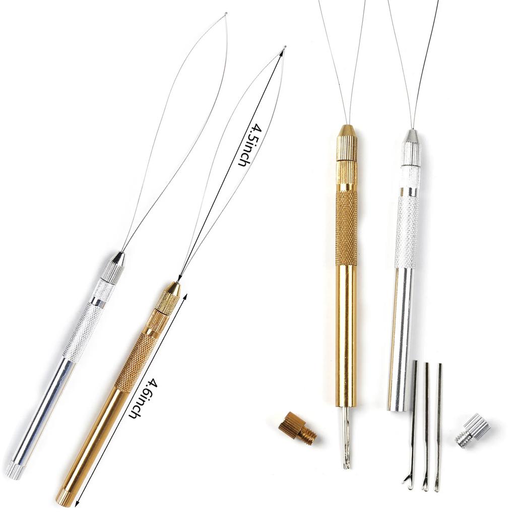 Hair Extension Tools Set for Silicone Beads Microlink Gold/Silver Metal Hair Loop & Crochet Hooks Needle Kit