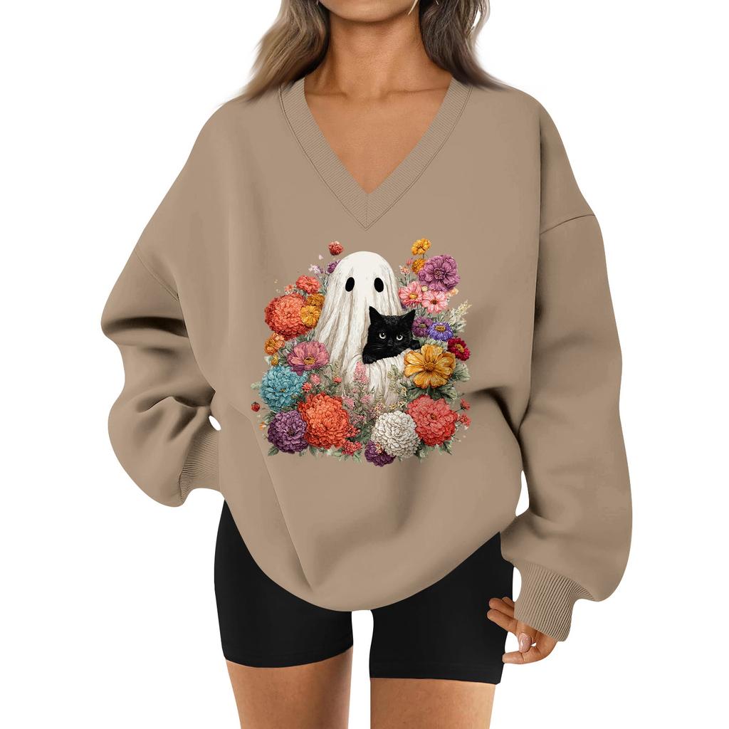 Women's V-neck Dropped Shoulder Halloween Print Sports Sweatshirt Top
