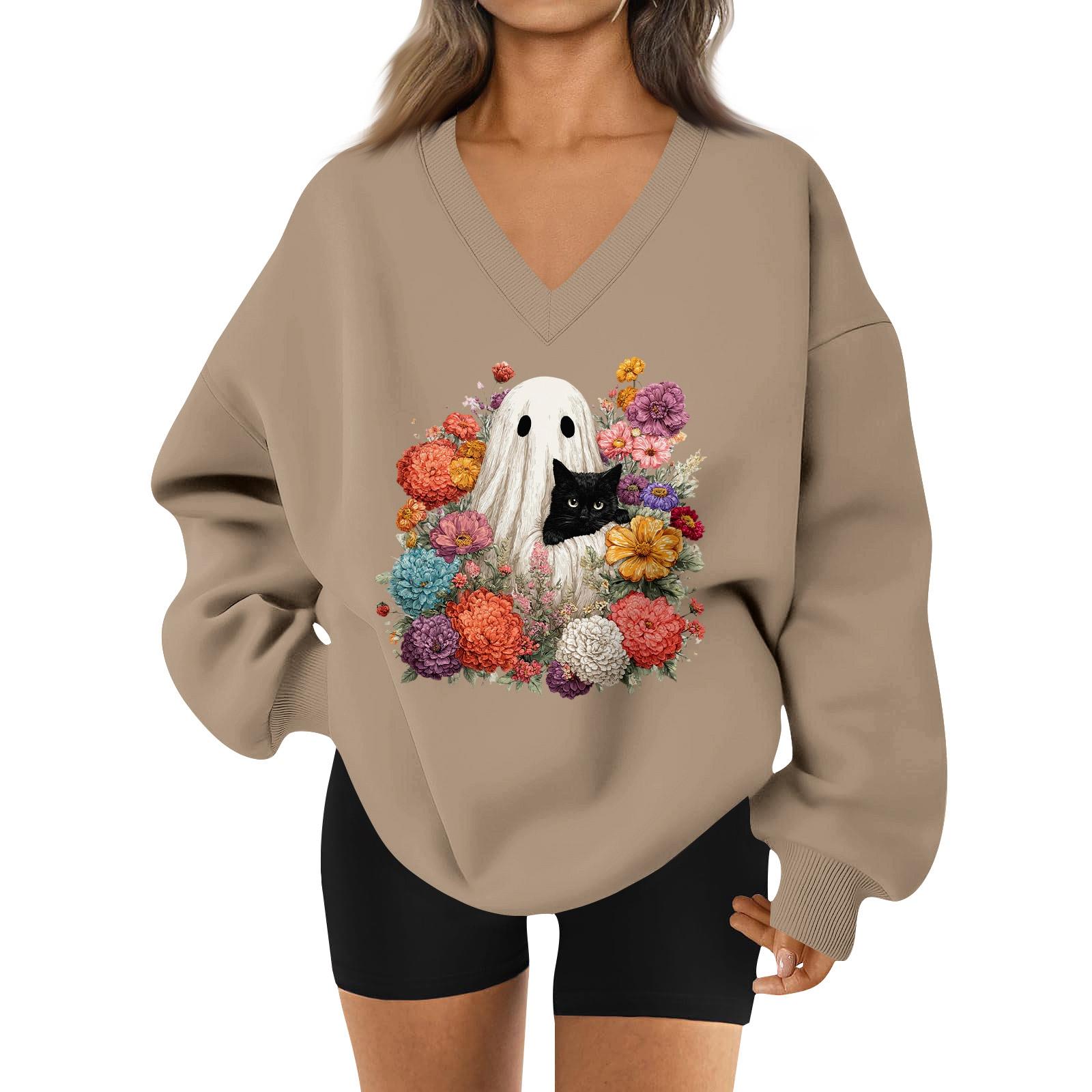 

Женский спортивный свитшот с V-образным вырезом, приспущенным плечом и принтом на Хэллоуин XXL хаки