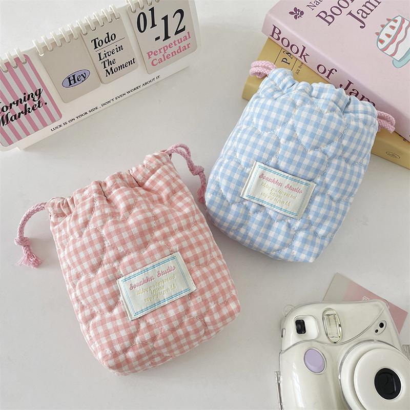 Drawstring Storage Bag For Camera Solid Color Heart Striped Organizer Candy Color Portable Travel Makeup Case