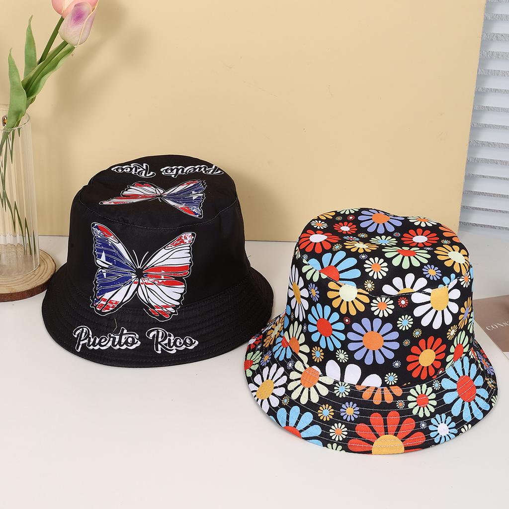 Fashion trend full print flower butterfly double sided fisherman hat suitable for women leisure entertainment shade